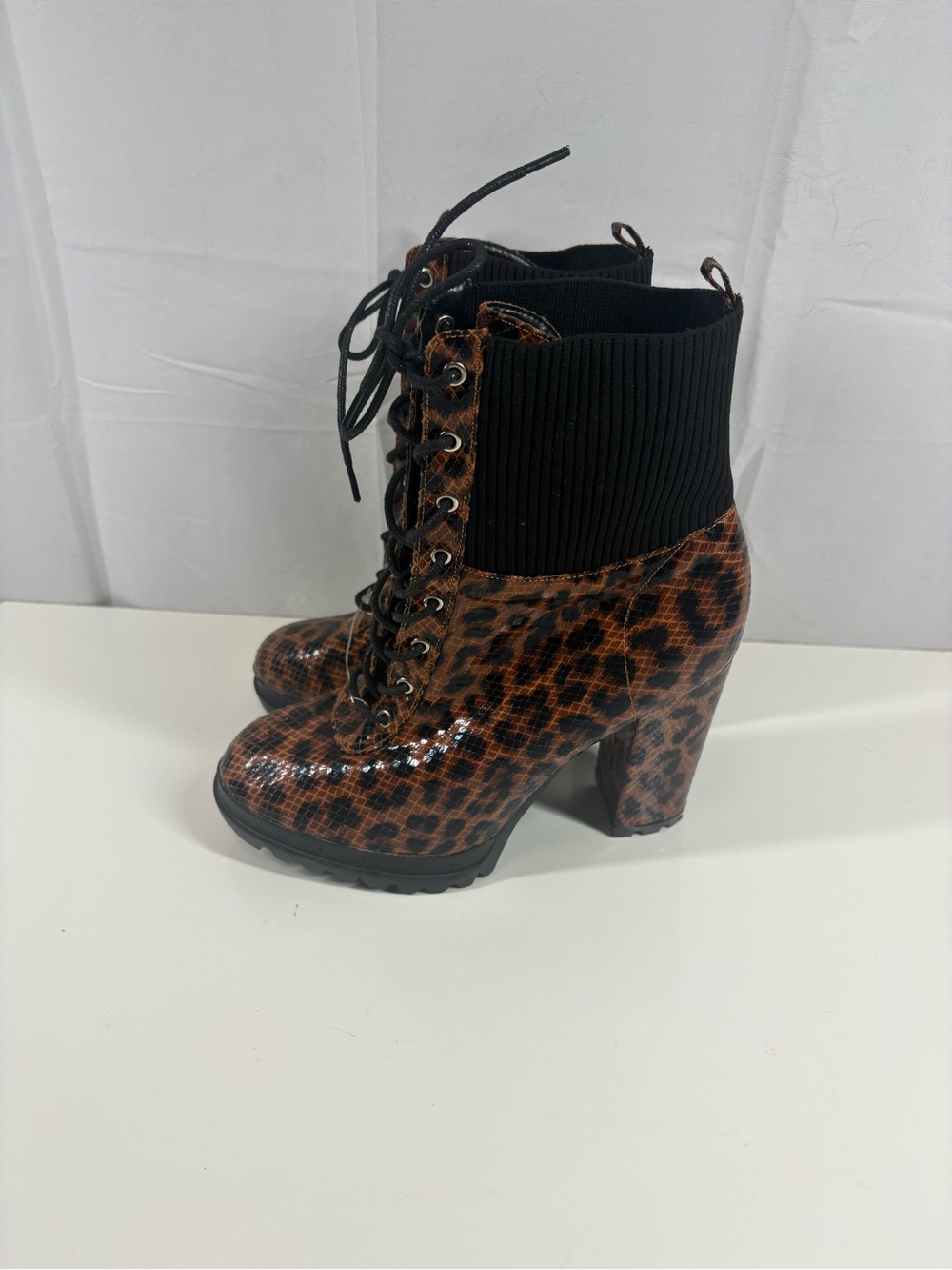 Fashion Nova Leopard Print Lace-Up High Heel Ankle Boots with Black Ribbed Cuff